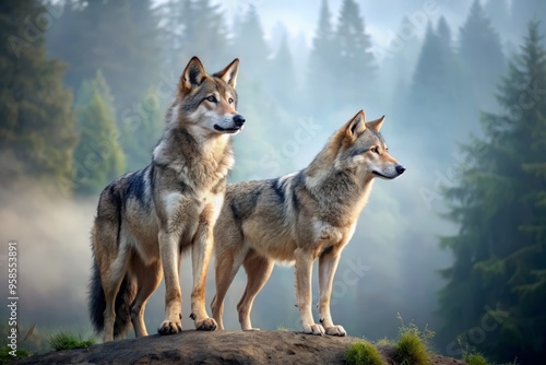 A majestic gray wolf and a curious coyote stand side by side, gazing into the distance, amidst a photo