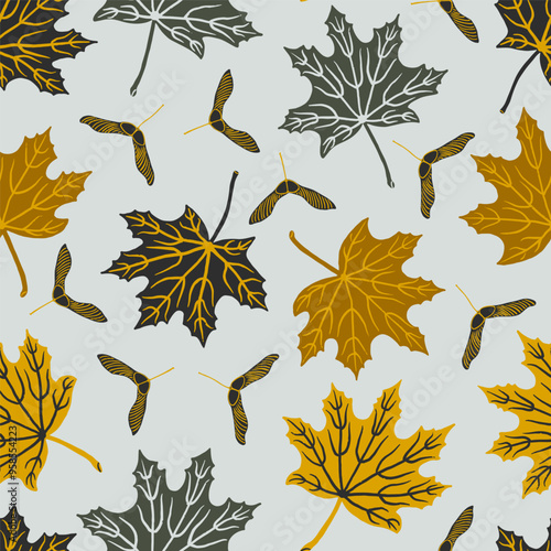 Maple tree leaves with seed pods seamless pattern in autumn colors. Fall season forest tree leaves background. Fabric, paper, wallpaper design.