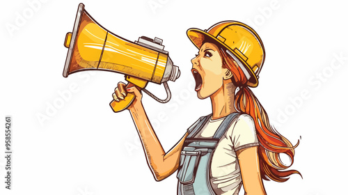 Young Emotional Woman Builder Screaming in Megaphone