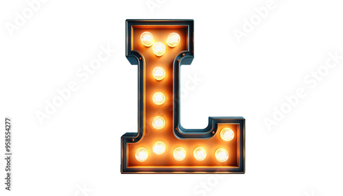Vintage Steampunk Letter 'L' with Illuminated Incandescent Bulbs in Old American Road Sign Style on Transparent Background