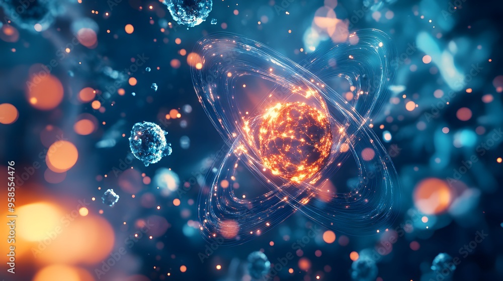 89. Abstract visualization of a radioactive atom with luminous, swirling toxic molecules 89. Abstract visualization of a radioactive atom with luminous, swirling toxic molecules