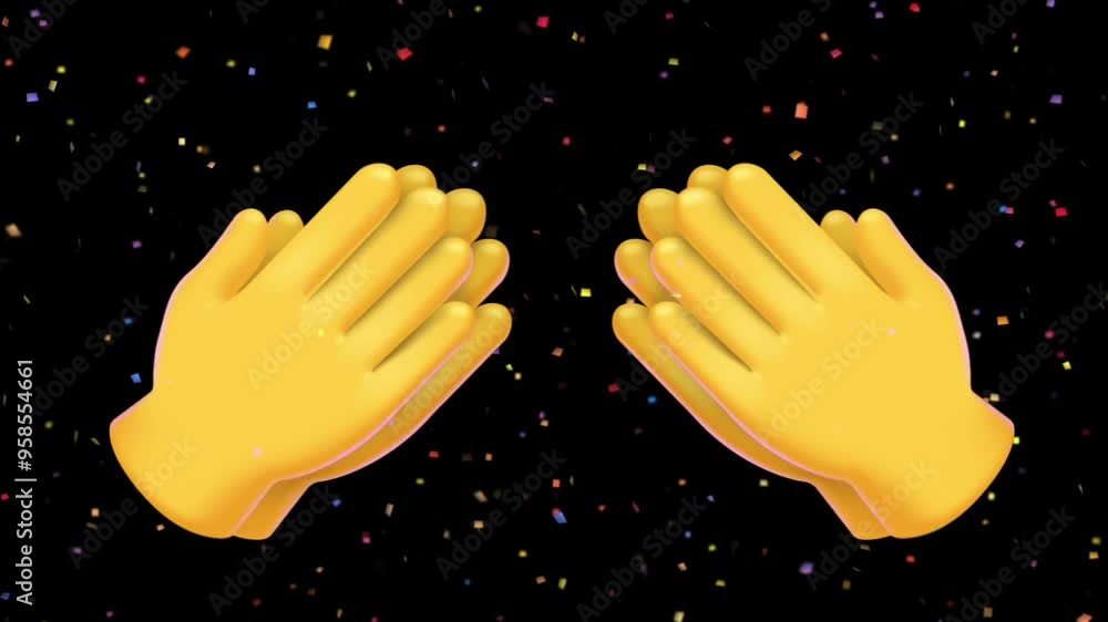 illustration of two pairs of cartoon hands clapping on a dark background with confetti spray