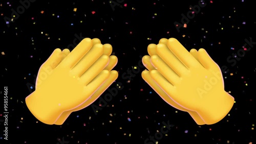 illustration of two pairs of cartoon hands clapping on a dark background with confetti spray