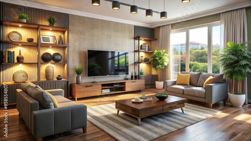 Wallpaper Mural Transform your home with a cutting-edge entertainment system, seamlessly integrating a 4K TV, wireless speakers, and a Torontodigital.ca