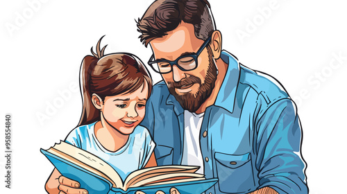 Young Father with Daughter at Home Reading a Book