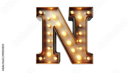 Vintage Steampunk Letter 'N' with Illuminated Incandescent Bulbs in Old American Road Sign Style on Transparent Background