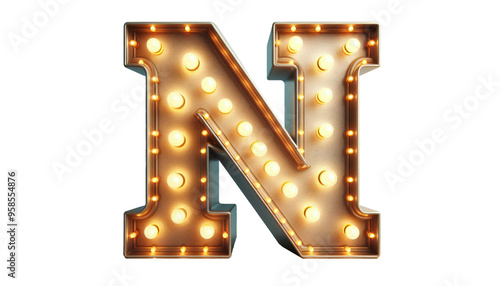 Vintage Steampunk Letter 'N' with Illuminated Incandescent Bulbs in Old American Road Sign Style on Transparent Background