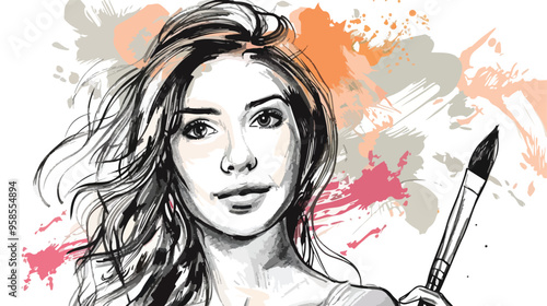 Young Female Artist with Her Hand-Drawn Picture - Vector Illustration