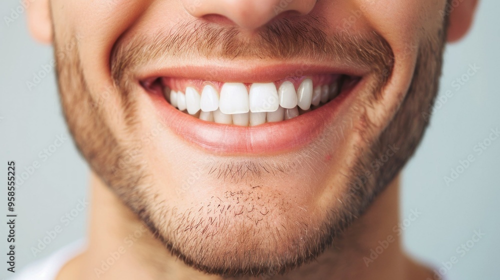 Detailed image of young man smiling with perfect white teeth Detailed image of young man smiling with perfect white teeth