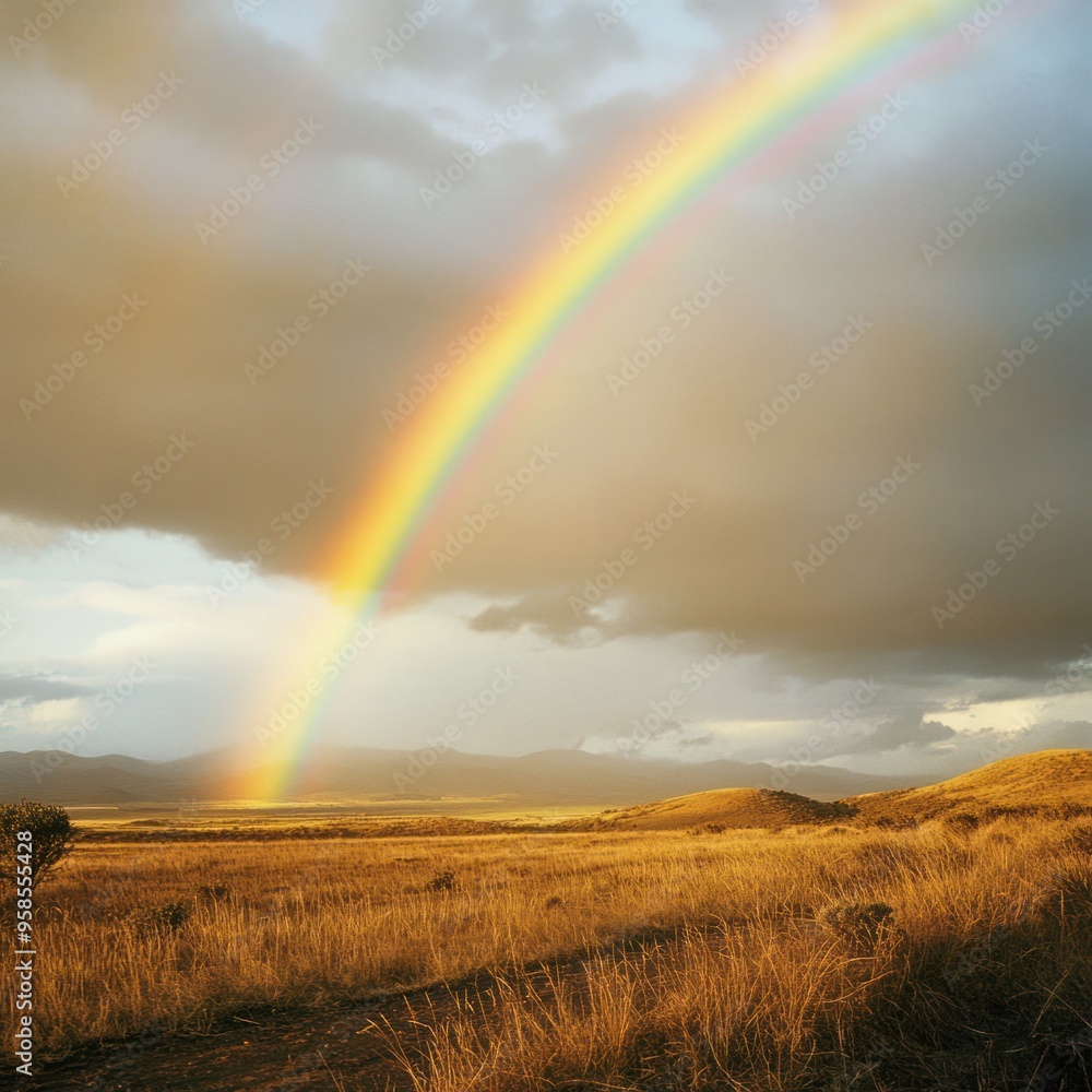Rainbow over field and meadow, beautiful rural spring scenery Rainbow over field and meadow, beautiful rural spring scenery