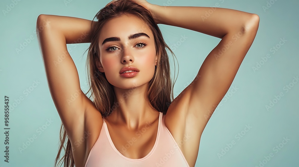 A young woman with long brown hair is wearing a pink tank top. She is looking at the camera and has her hands on her head. A young woman with long brown hair is wearing a pink tank top. She is looking at the camera and has her hands on her head.