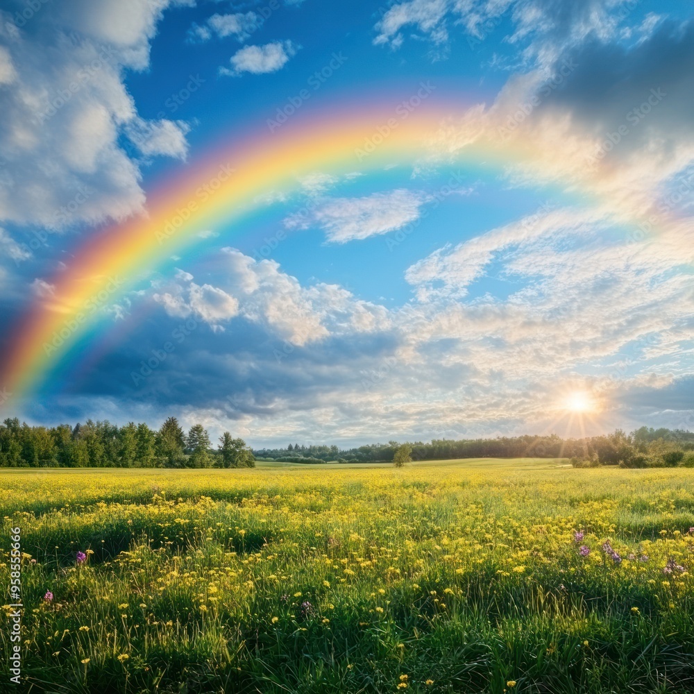 Naklejka premium Rainbow over field and meadow, beautiful rural spring scenery