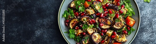 Grilled Eggplant and Pomegranate Salad with Parsley, Photo photo