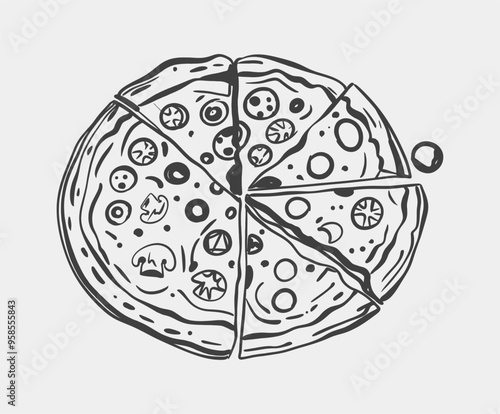 A detailed black and white drawing depicting a pizza, showcasing several slices that have been taken out and removed from it