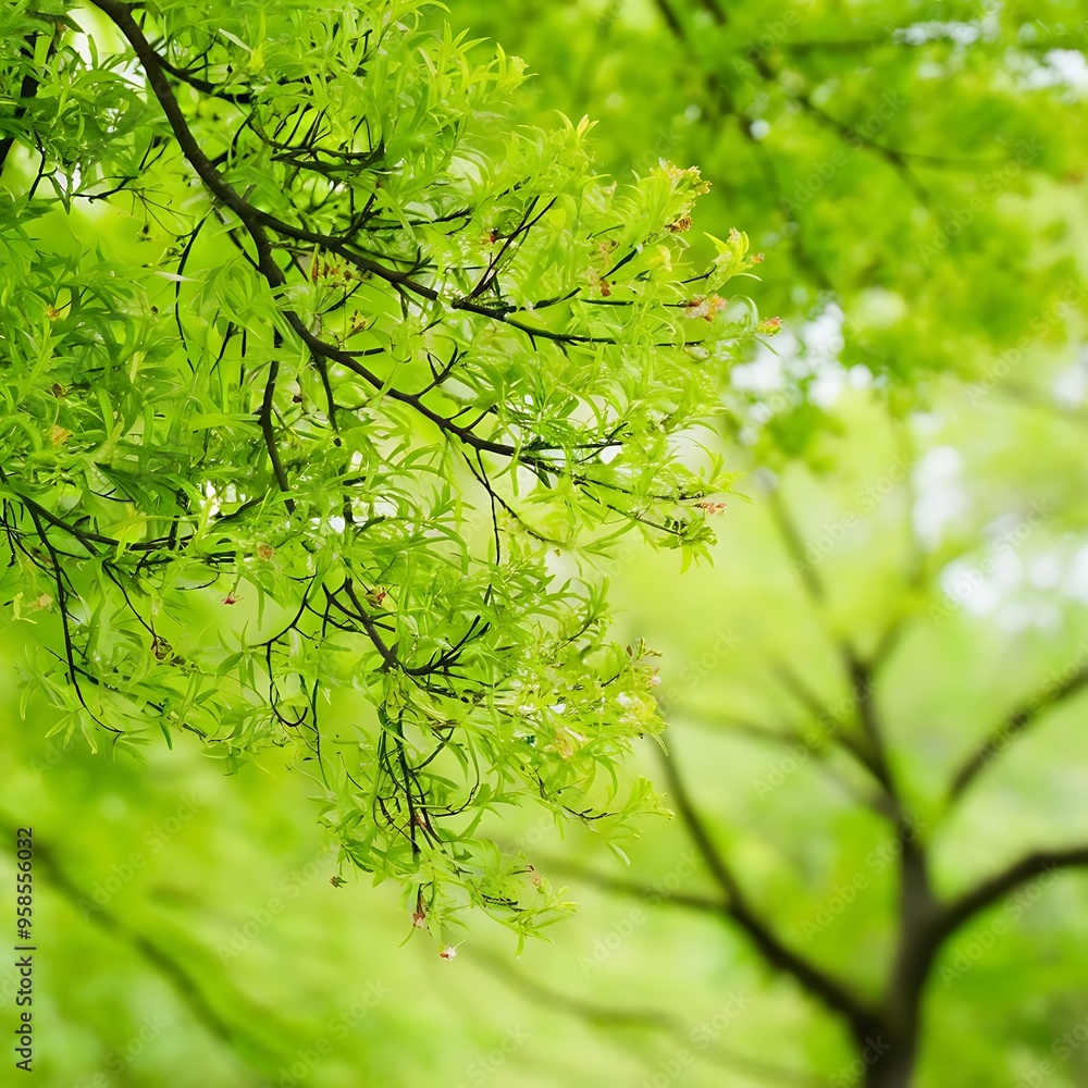 Full frame of green foliage on branches with blurred background