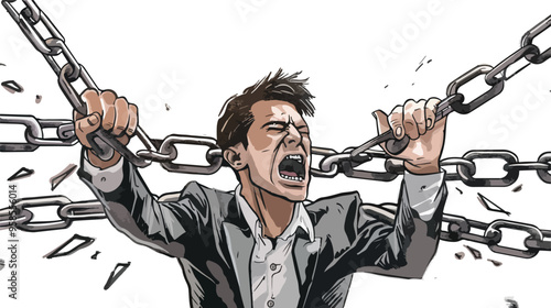Young Furious Businessman Breaking Metal Chain with Hammer