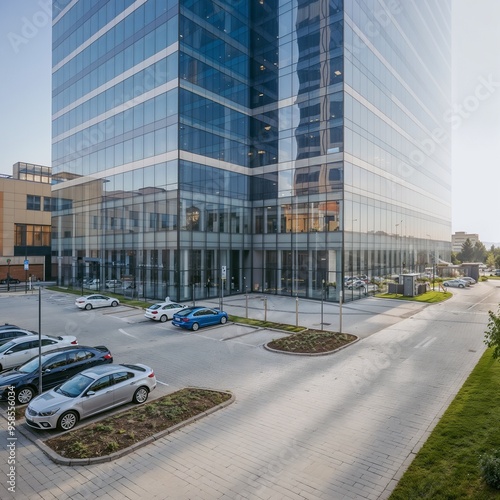 Exterior image of a corporate office building with commercial shops in the ground floor, Plants, bustling city, traffic.
 photo