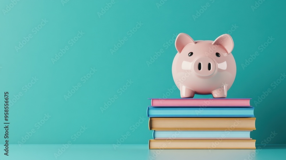A pink piggy bank placed on top of a stack of colorful books, representing the importance of financial literacy and education. A pink piggy bank placed on top of a stack of colorful books, representing the importance of financial literacy and education.