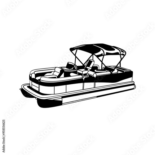 Pontoon Boat | Fishing Boat | Yacht | Party Barges | Small Vessel | Passenger Boat | Lake Fishing | Angling Vehicle | Original Illustration | Vector and Clipart | Cutfile and Stencil
