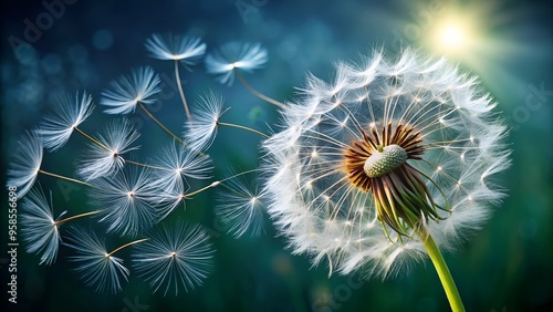 fluffy dandelion head dispending seeds close up photo