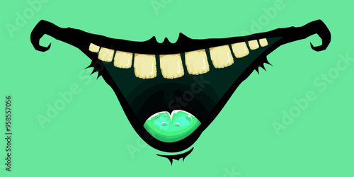 Vector cartoon funny zombie monster mouth with rotten teeth isolated on green background. Vector happy Halloween kids t-shirt design template with funky monster mouth