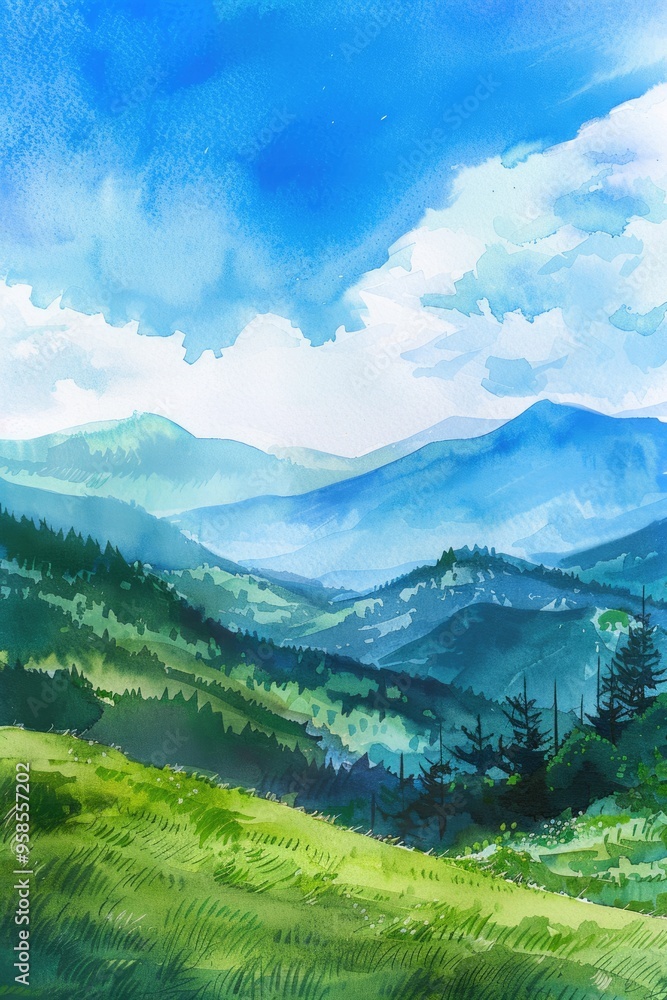 Fototapeta premium Serene Mountain Landscape: Hand-Painted Watercolor View with Blue Sky and Copy Space