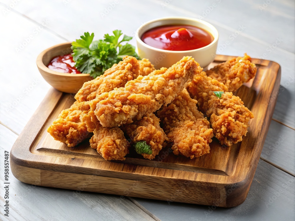 A mouthwatering close-up of crispy fried chicken strips served with dipping sauce on a wooden tray against a A mouthwatering close-up of crispy fried chicken strips served with dipping sauce on a wooden tray against a