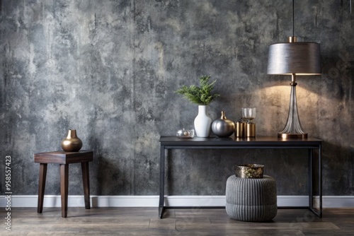 A moody, industrial-textured dark grey wallpaper with subtle, organic patterns and faint, silver undertones, evoking a photo