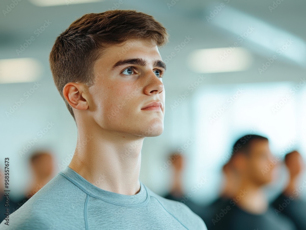 Profile of a young man intently focused during a group training session, highlighting concentration, determination, and personal growth. Profile of a young man intently focused during a group training session, highlighting concentration, determination, and personal growth.