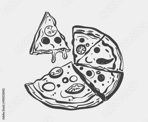 A detailed black and white drawing depicting a pizza, showcasing several slices that have been taken out and removed from it