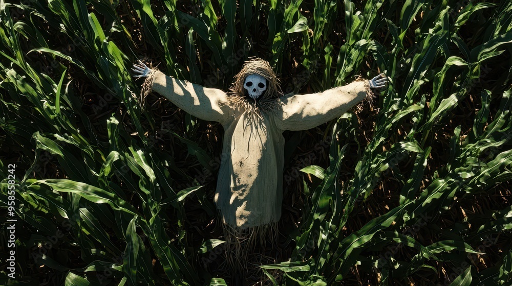 Ghostly scarecrow in a shadowy cornfield, flat design, top view, haunted field theme, 3D render, Complementary Color Scheme Ghostly scarecrow in a shadowy cornfield, flat design, top view, haunted field theme, 3D render, Complementary Color Scheme
