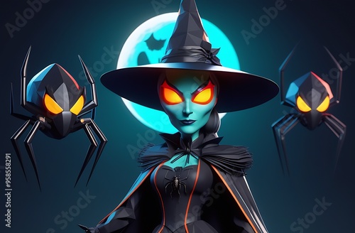 Evil spiders on the web,Halloween witch in polygonal style, evil witch in black clothes.