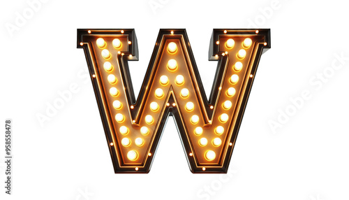 Vintage Steampunk Letter 'W' with Illuminated Incandescent Bulbs in Old American Road Sign Style on Transparent Background