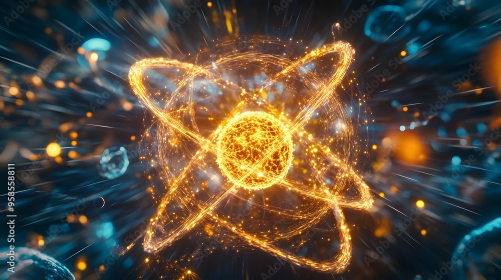81. High-energy image of a hazardous atom surrounded by dynamic, glowing molecules 81. High-energy image of a hazardous atom surrounded by dynamic, glowing molecules