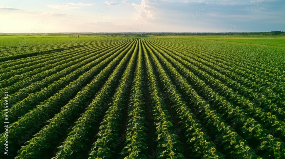Aerial shot of a sprawling sunflower field with intricate geometric patterns formed by rows of sunflowers, set against a bright azure sky, Digital Art, High resolution, Sharp details Aerial shot of a sprawling sunflower field with intricate geometric patterns formed by rows of sunflowers, set against a bright azure sky, Digital Art, High resolution, Sharp details
