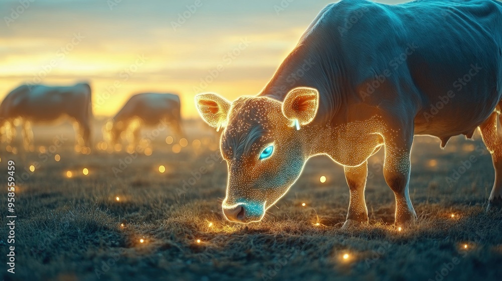 Fototapeta premium Futuristic cattle in a sustainable farm eating from troughs filled with bioengineered crops that glow softly