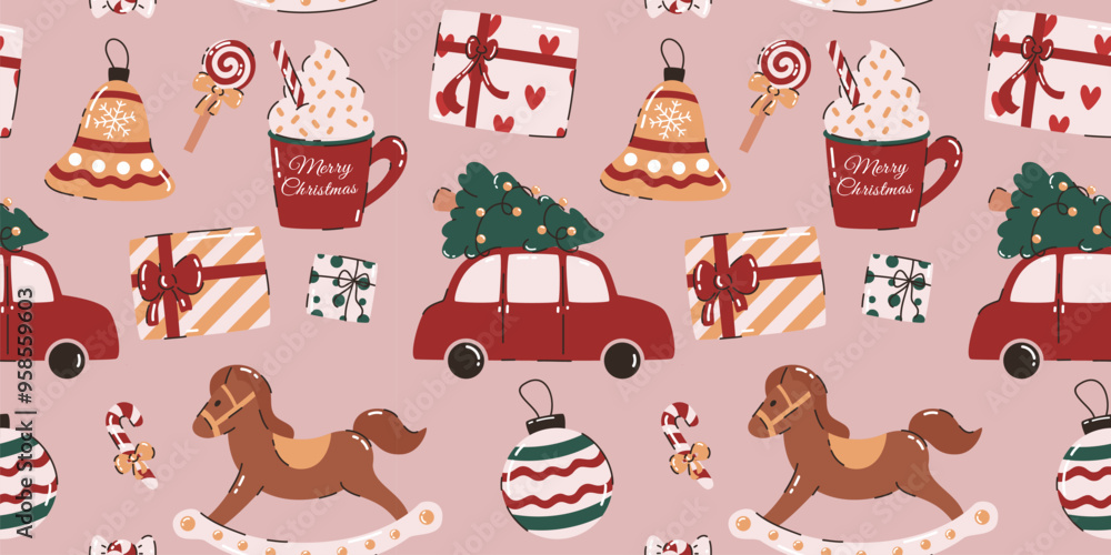 Naklejka premium Seamless pattern with Christmas elements. Christmas tree, bell, Christmas decorations, gifts, sweets. Flat vector illustration.