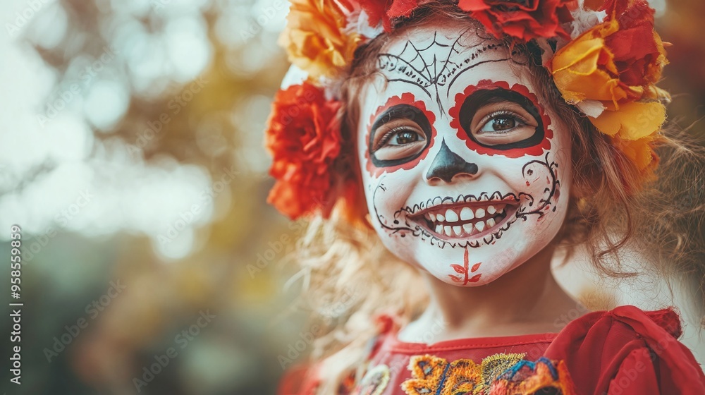 Fototapeta premium Close-Up of Happy Child in Calavera Katrina Costume with Face Painting for Halloween