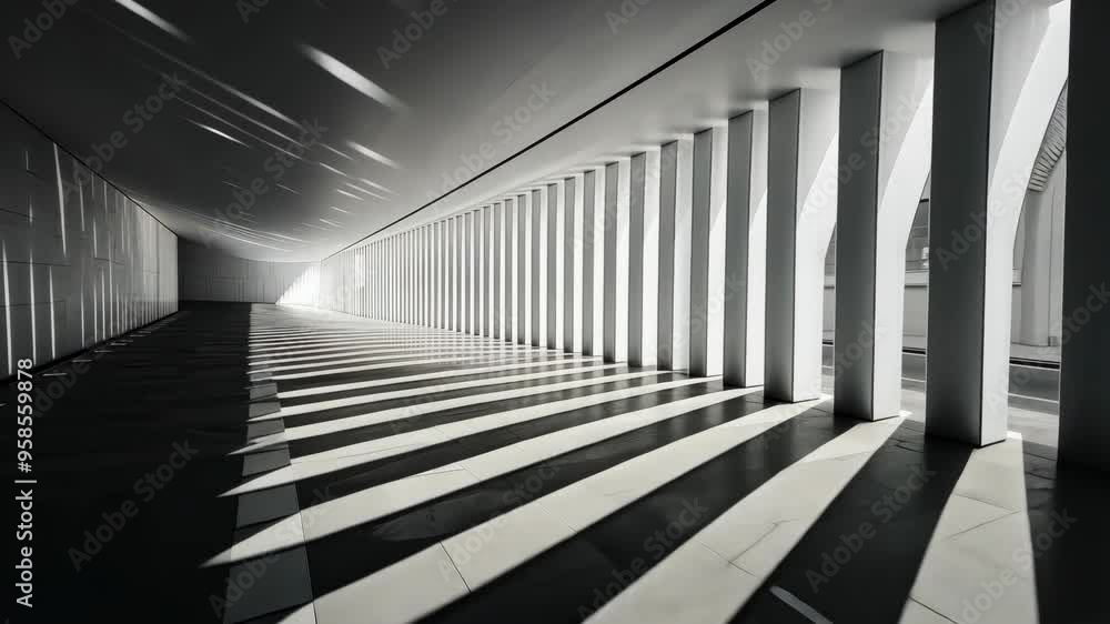 Creative lines play with light and shadows in an architectural corridor during the early morning Creative lines play with light and shadows in an architectural corridor during the early morning