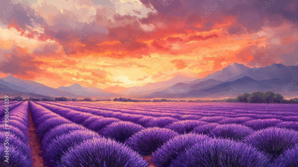 A vast lavender field under a glowing sunset, the purple rows stretching endlessly, captured in an ethereal, impressionist watercolor style, warm orange and purple tones, soft brushstrokes. A vast lavender field under a glowing sunset, the purple rows stretching endlessly, captured in an ethereal, impressionist watercolor style, warm orange and purple tones, soft brushstrokes.