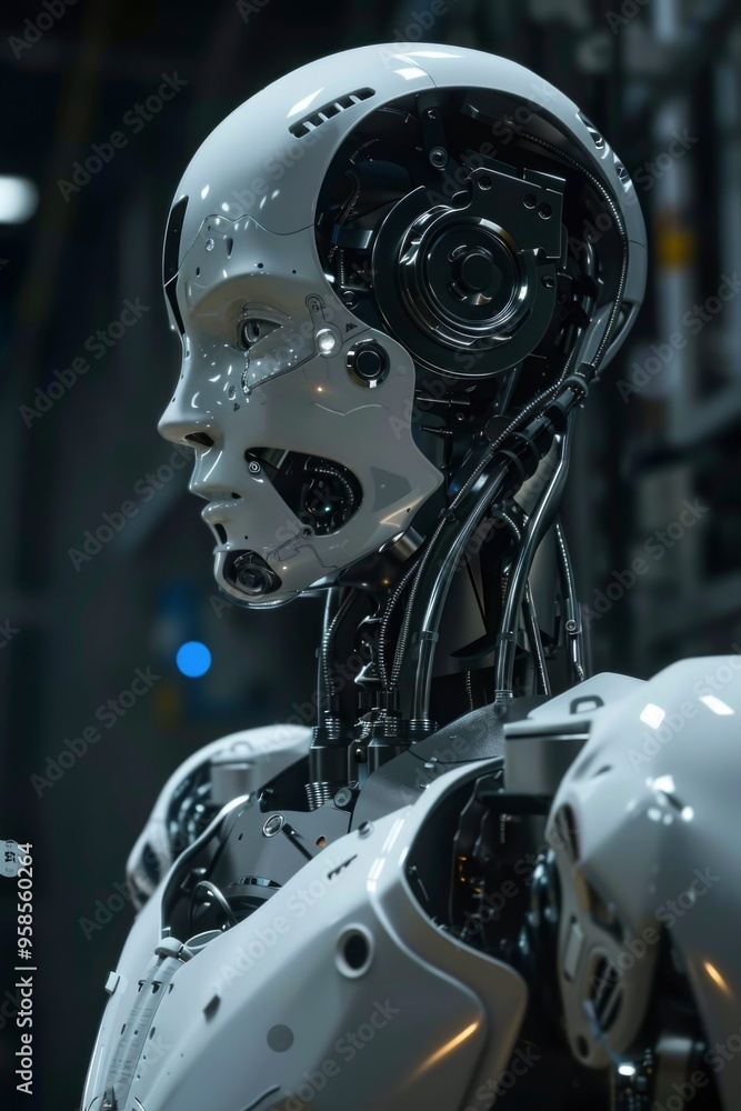 A close-up shot of a white humanoid robot's head, showcasing its intricate mechanical design. The robot's facial features are detailed, making it appear almost human. A close-up shot of a white humanoid robot's head, showcasing its intricate mechanical design. The robot's facial features are detailed, making it appear almost human.