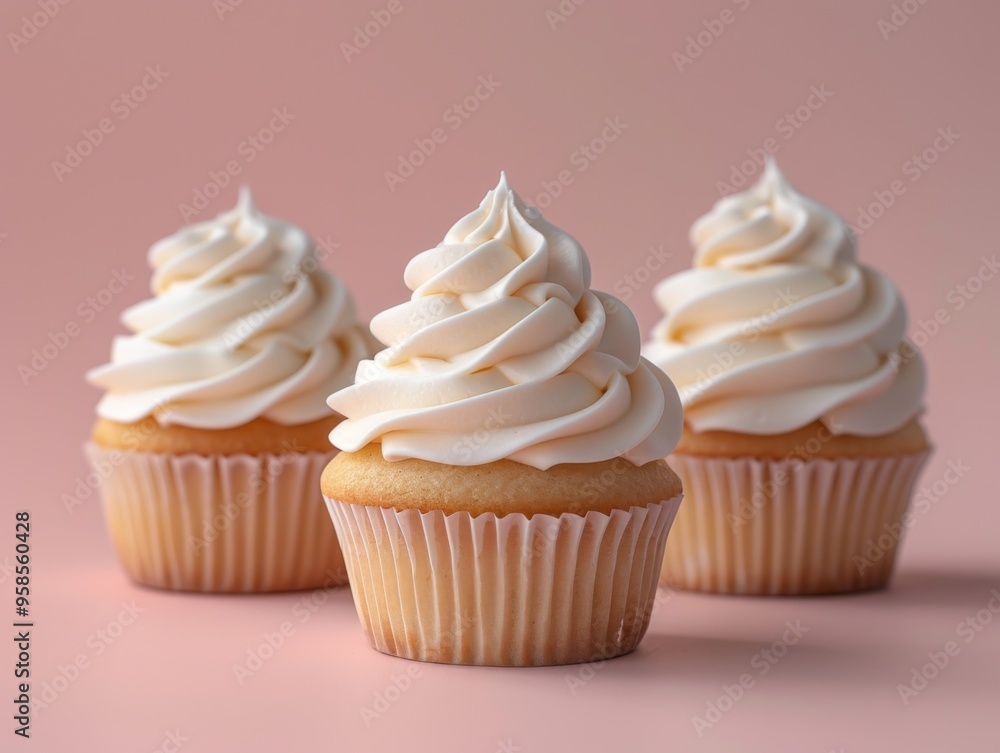 Three vanilla cupcakes with white cream are located on a pink surface. concept of using a holiday card as a layer template for a website. left some space there for design. Three vanilla cupcakes with white cream are located on a pink surface. concept of using a holiday card as a layer template for a website. left some space there for design.