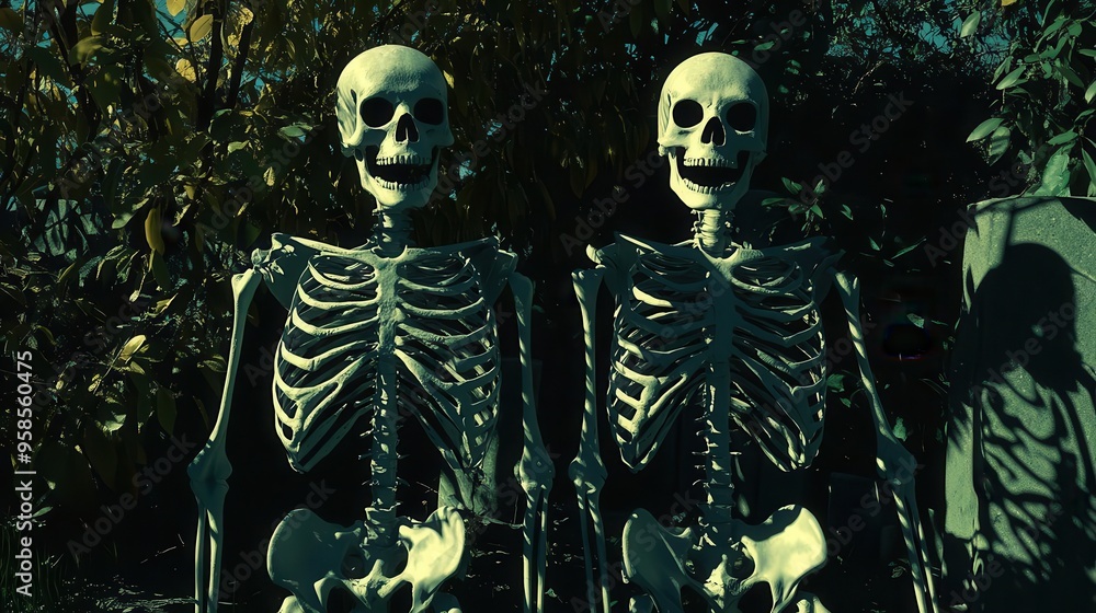 Spooky skeletons lurking in a shadowy graveyard, flat design, front view, cursed theme, 3D render, Triadic Color Scheme Spooky skeletons lurking in a shadowy graveyard, flat design, front view, cursed theme, 3D render, Triadic Color Scheme