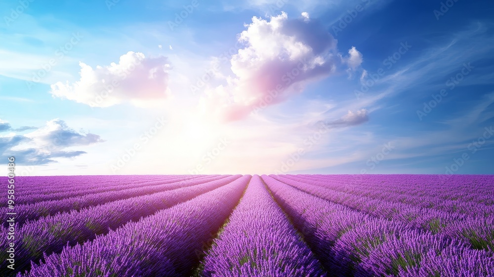 A field of lavender under a bright blue sky, rows of purple flowers stretching to the horizon, captured in a dreamy watercolor style, with soft brushstrokes and a tranquil atmosphere. A field of lavender under a bright blue sky, rows of purple flowers stretching to the horizon, captured in a dreamy watercolor style, with soft brushstrokes and a tranquil atmosphere.