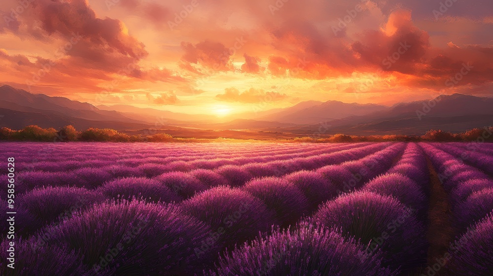 A vast lavender field under a glowing sunset, the purple rows stretching endlessly, captured in an ethereal, impressionist watercolor style, warm orange and purple tones, soft brushstrokes. A vast lavender field under a glowing sunset, the purple rows stretching endlessly, captured in an ethereal, impressionist watercolor style, warm orange and purple tones, soft brushstrokes.