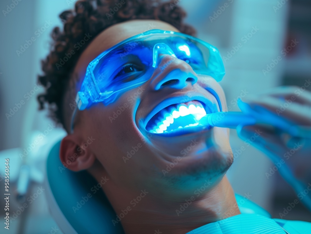 Close up a black guy in a dental clinic getting whitening Close up a black guy in a dental clinic getting whitening