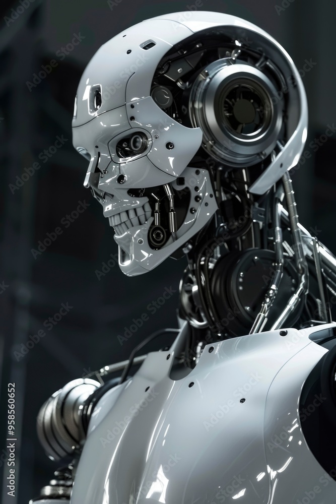 A close-up view of a humanoid robot with an exposed skull and intricate mechanical parts. A close-up view of a humanoid robot with an exposed skull and intricate mechanical parts.