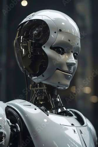 A close-up portrait of a humanoid robot, showcasing its detailed features and futuristic design.