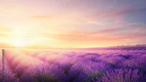 Expansive lavender fields glowing under a clear sky, flowers forming a purple sea that fades into the distance, painted in vintage oil on canvas, warm tones enhancing the serene mood.