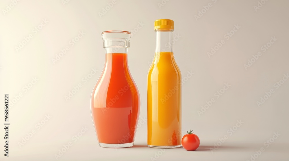 Ketchup and mustard bottles in 3D, suitable for BBQ and picnic stickers, isolated on white Ketchup and mustard bottles in 3D, suitable for BBQ and picnic stickers, isolated on white
